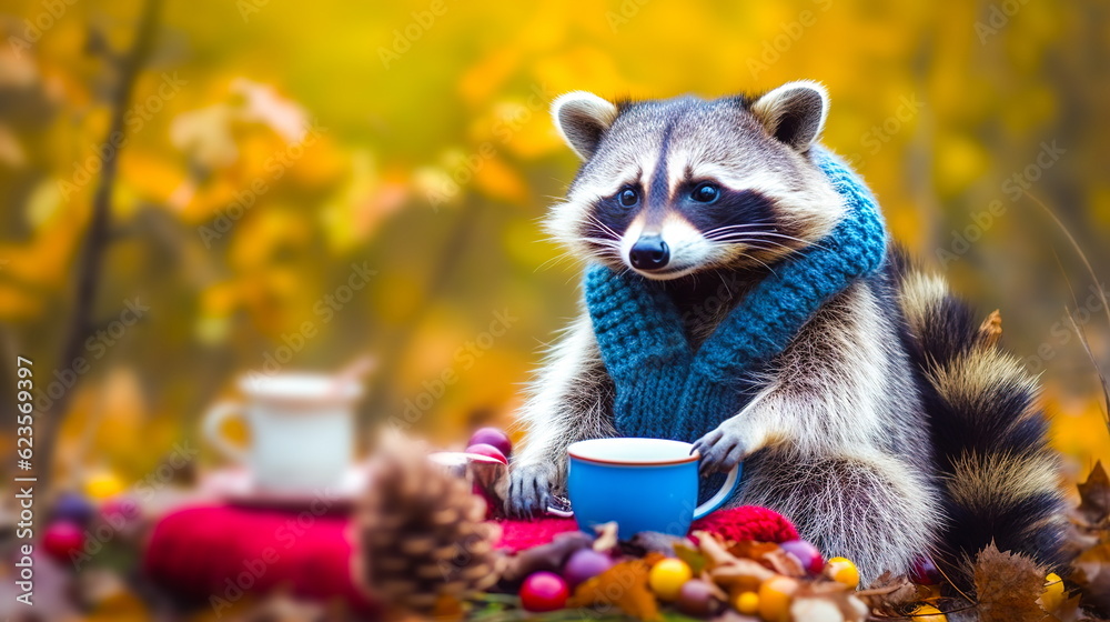 A funny raccoon in a scarf drinks tea from a cup against the background of an autumn forest.Beautiful postcard for Thanksgiving.Generative AI - obrazy, fototapety, plakaty 