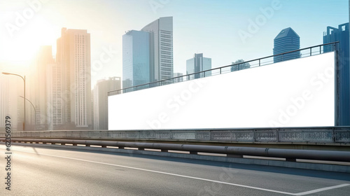 Blank white billboard, information board near road in modern city with skyscapers. Outdoor advertising billboard mockup. AI generative