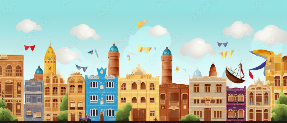 Yemen Famous Landmarks Skyline Silhouette Style, Colorful, Cityscape, Travel and Tourist Attraction - Generative AI