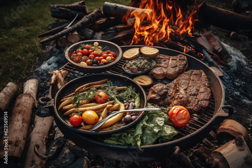 Rusikales Essen zum Grill mit Steaks und Gemüse, 5,  AI generiert