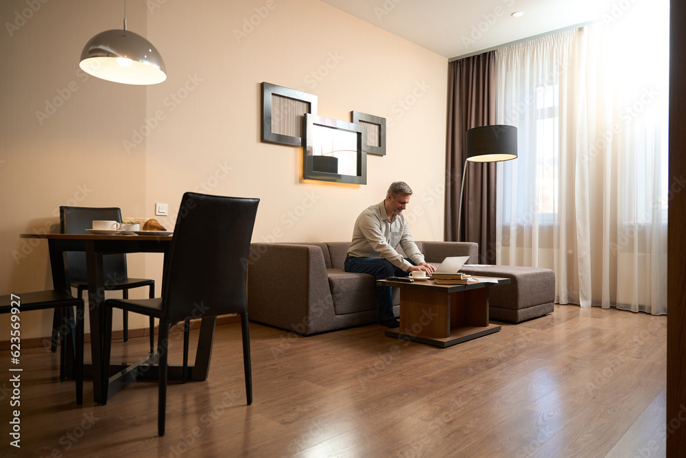 Fototapeta premium Adult happy man enjoying work on laptop
