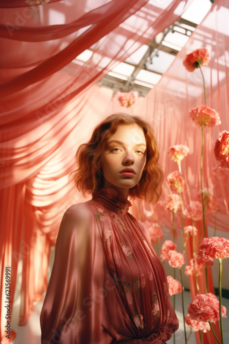 portrait of a woman/model/book character on a stage with red curtains with a thoughtful expression in a fashion/beauty editorial magazine style film photography look - generative ai art