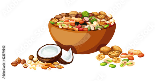 Vector illustration of a bowl with nuts and seeds. Almond, cola, cashew, nutmeg, Brazil nut, pistachio, peanut, macadamia, sunflower, pumpkin seed, hazelnut, pine nut, coconut, walnut, chestnut.