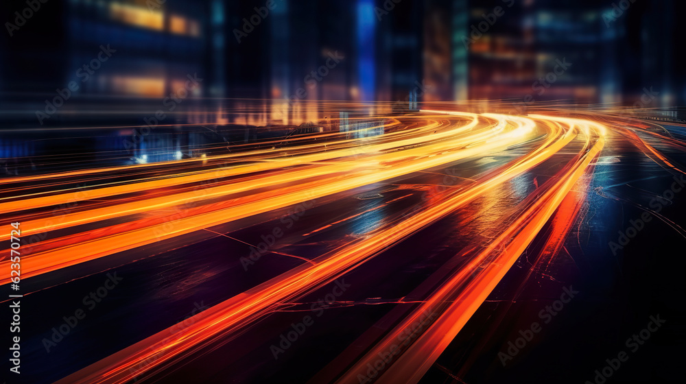 Abstract long exposure dynamic speed light trails in an urban environment. Moving car lights on highway at night long exposure. Realistic 3D illustration. Generative AI Abstract long exposure dynamic speed light trails in an urban environment. Moving car lights on highway at night long exposure. Realistic 3D illustration. Generative AI