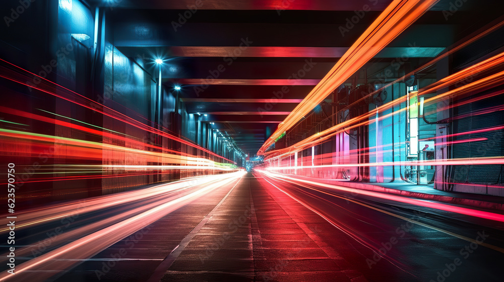 Abstract long exposure dynamic speed light trails in an urban environment. Moving car lights on highway at night long exposure. Realistic 3D illustration. Generative AI
