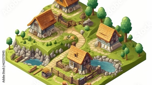 Isometric farm land and middle age houses gaming icon style  illustration on white background