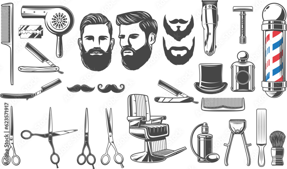 Barbershop haircut and shave equipment icons Pro Vector.eps Stock ...