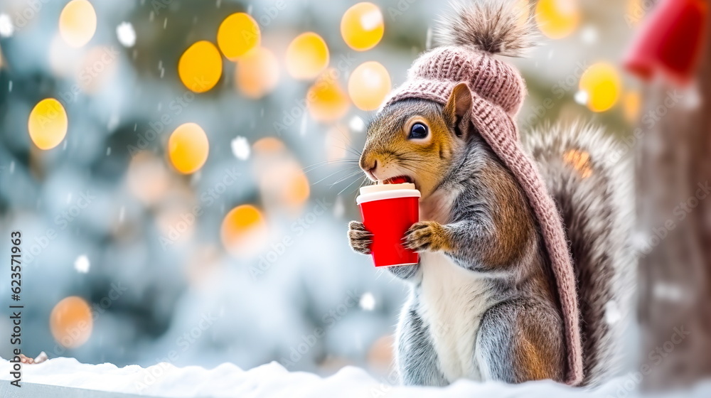 Obraz premium A cheerful cute squirrel in a knitted hat drinks cocoa from a cup against the background of a winter forest with fir trees, snow and colorful lights. Postcard for the New Year holidays.Generative AI