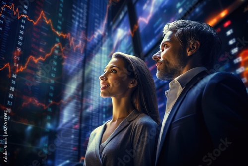  Success at stock market, broker businesswoman and businessman are looking happy at rising financial graph charts, candlestick charts, created with Generative AI 