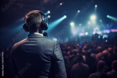 Motivational speaker in headphones with microphone and performing.