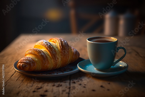 Fresh croissant and a cup of coffee on a table in a cafe.Generative AI