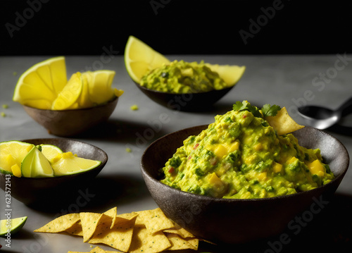 Delicious Fresh Mexican Food Bowl of Guacamole Dark Background . Generative AI.