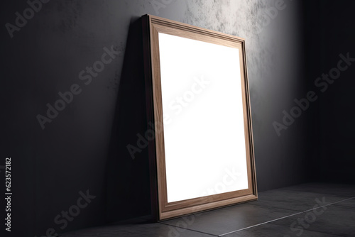 Mockup. Blank white picture frame, poster, board standing near window. AI generative