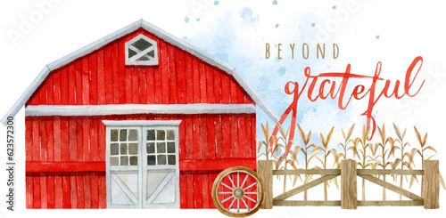 Watercolor red rustic barn with wooden fence and corn leaves on blue watercolor background with lettering for Thanksgiving card