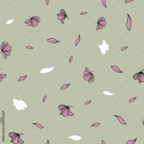 seamless repeat pattern with pink floral elements on a sage green background perfect for fabric, scrap booking, wallpaper, gift wrap projects
