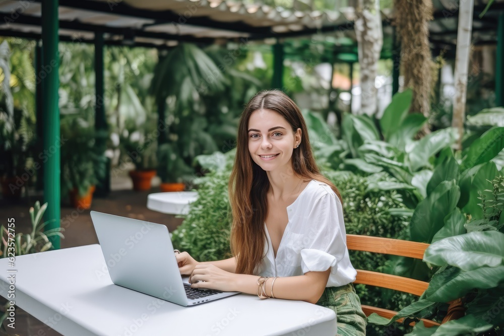 Woman working at the laptop in the backyard with a lot of greenery. Concept of remote work. AI Generated. Woman working at the laptop in the backyard with a lot of greenery. Concept of remote work. AI Generated.