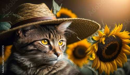 Beautiful cute cat in a hat sits in a field with sunflowers under the rays of evening sunlight.Generative AI