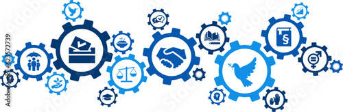 Human rights vector illustration. Blue concept with icons related to democracy, civil rights, equality, law / justice & peace, freedom & liberty, citizenship & just society.