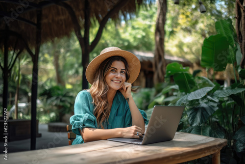 Woman working at the laptop in the backyard with a lot of greenery. Concept of remote work. AI Generated.