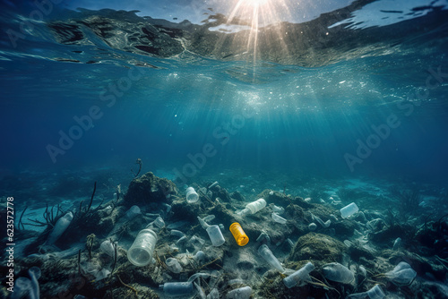 Plastic garbage bottles under the sea. Plastic bottles floating in the ocean. An image of trash plastic bottles drifting in the ocean. Generative AI