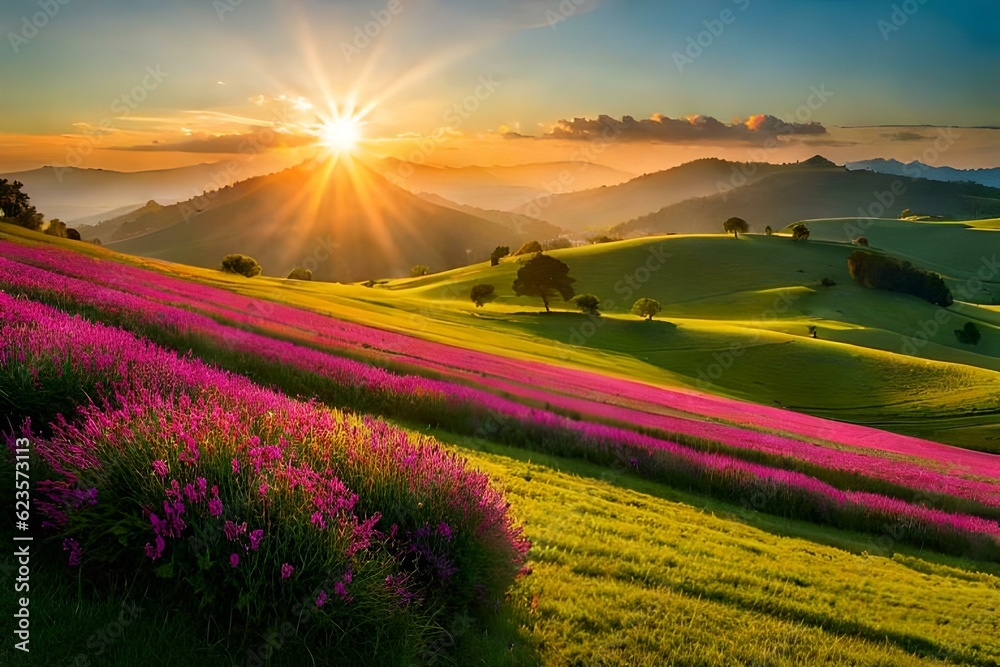 lavender field at sunrise generated Ai.