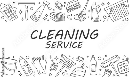 Cleaning service concept background. Template with line drawn housekeeping tools. Doodle household elements frame