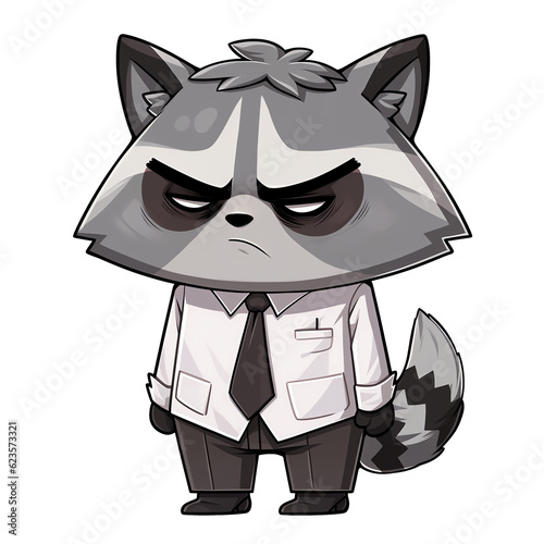 Grumpy annoyed raccoon character wearing shirt and tie cartoon illustration isolated - Generative AI