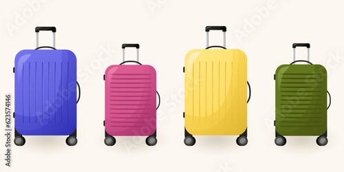 Multi-colored suitcases. Adult and children's luggage. Four isolated elements. Vector illustration with a light gradient.