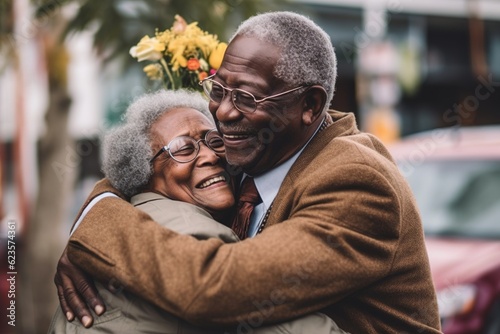 Fototapeta A happy black grandfather hugs his wife