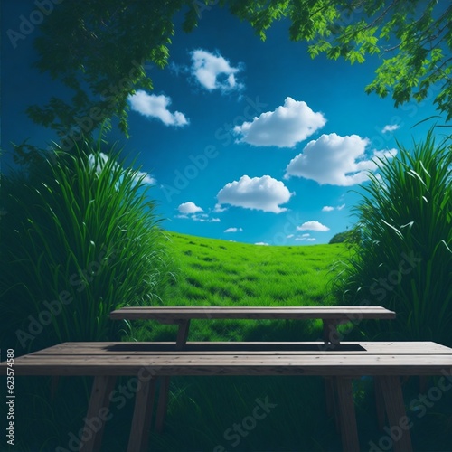 A natural spring garden background of fresh green grass with a bright blue sunny sky with a wooden table to place cut out products on.