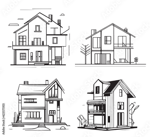 House Icons Set on White Background. Line Style Vector. Hand drawn house vector