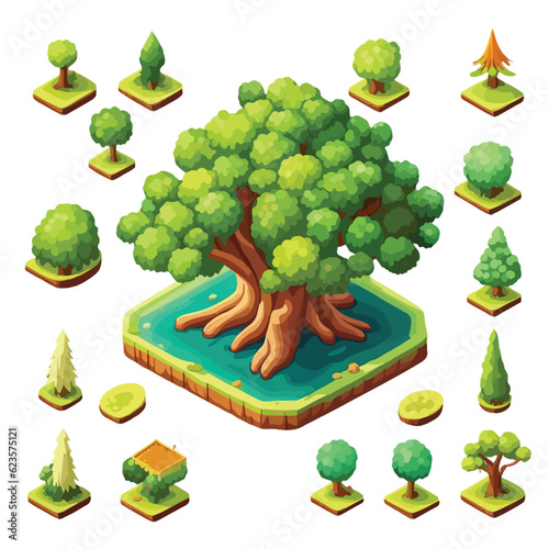 Trees and bushes environment for landscape design, decorative nature elements isometric shape for game assets. Isolated on background. Design element.