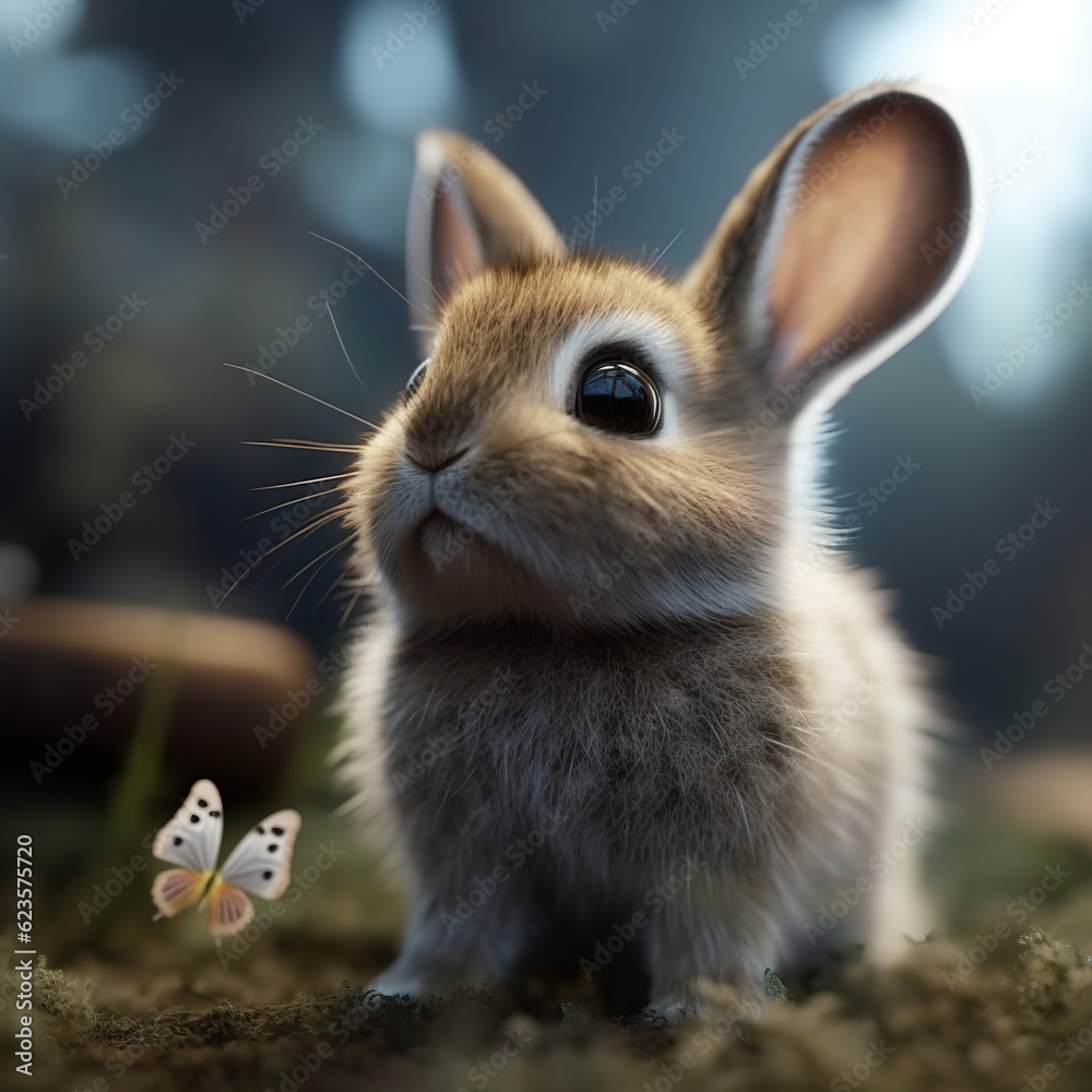 Obraz premium So cute baby bunny with a butterfly nearby. Ultra cute bunny with big adorable eyes. Cute little bunny. Realistic 3D illustration. Generative AI