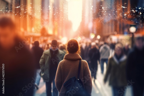 People are walking in the square festivities blurred image. Crowd view of people walking in the street with soft bokeh. Realistic 3D illustration. Generative AI