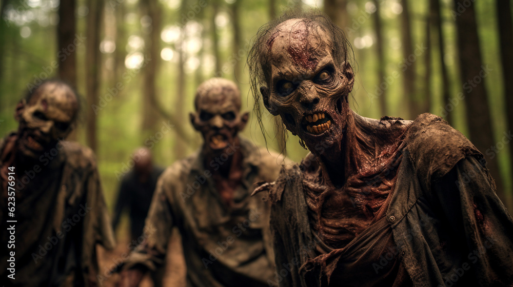 A group of zombies is standing in the woods with faded eyes and decomposed flesh and teeth. A group of zombies is standing in the woods with faded eyes and decomposed flesh and teeth.