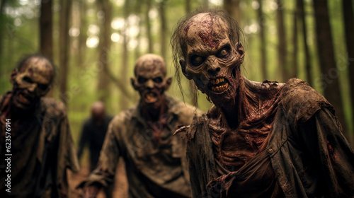 A group of zombies is standing in the woods with faded eyes and decomposed flesh and teeth.