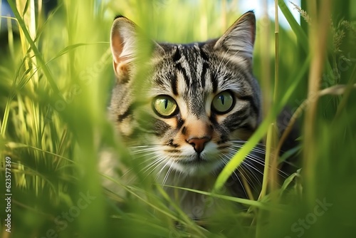 Beautiful cat in green grass on sunny day, closeup view ai generated