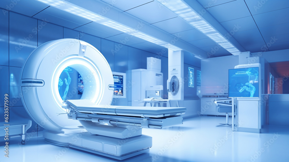 Advanced x-ray or mri scan medical diagnosis machine at hospital health care lab as wide banner with copy space area Advanced x-ray or mri scan medical diagnosis machine at hospital health care lab as wide banner with copy space area