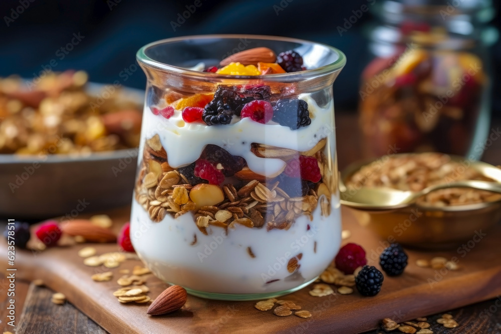 Greek yogurt with granola and berries in a glass on the table. Healthy food concept. Generative AI.