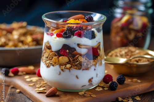 Greek yogurt with granola and berries in a glass on the table. Healthy food concept. Generative AI.