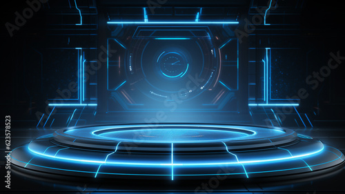 Futuristic empty stage. Modern Future background technology Sci-fi interior concept. Podium for show your product. futuristic cyberpunk concept. Pedestal for presentation product. Game Lab. Vector