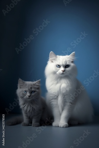 Two cats of siberian breed on blue background ai generated