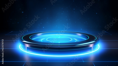 Futuristic empty stage. Modern Future background technology Sci-fi interior concept. Podium for show your product. futuristic cyberpunk concept. Pedestal for presentation product. Game Lab. Vector