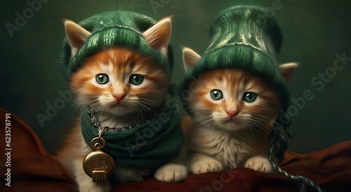 Two cute kittens in a green Christmas hat on a dark background ai generated
