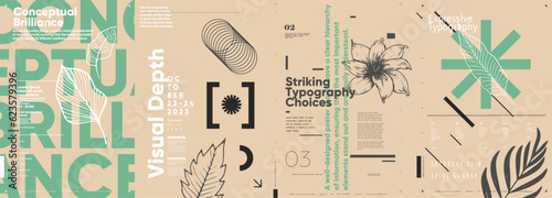 Typographic design and minimalistic background elements. A set of vector elements for designing posters, labels, banners.  Brochure template layout. Modern vector graphics.