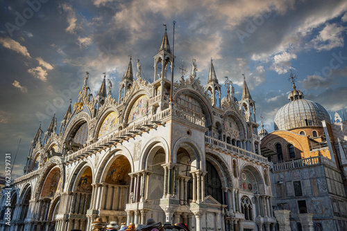 Patriarchal Cathedral Basilica St. (Saint) Mark’s Basilica on Piazza San Marco square in Venice, Italy. Famous Catholic Church as a landmark of renaissance architecture.