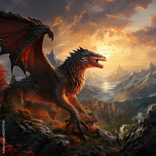 Dragon overlooking a valley near his mountain lair. 