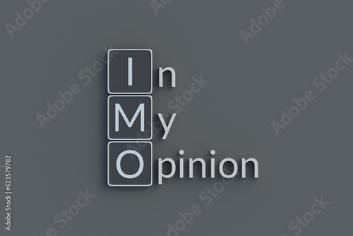 IMO In my opinion metallic inscription. Acronym or abbreviation. Top view. 3d render.