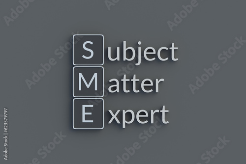 SME Subject matter expert metallic inscription. Acronym or abbreviation. Top view. 3d render.