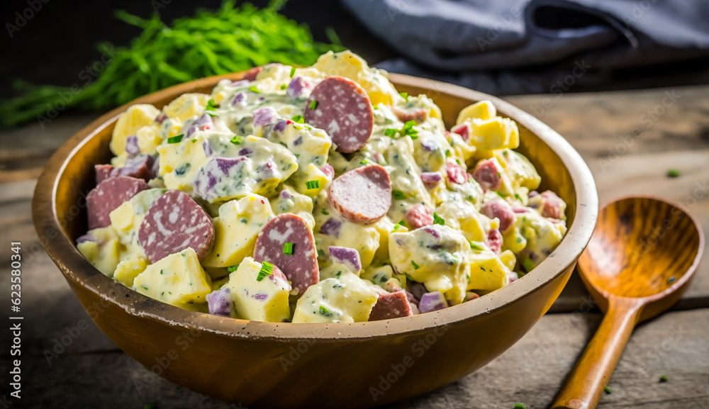 Potato salad with sausage in a wooden bowl.Generative AI Potato salad with sausage in a wooden bowl.Generative AI